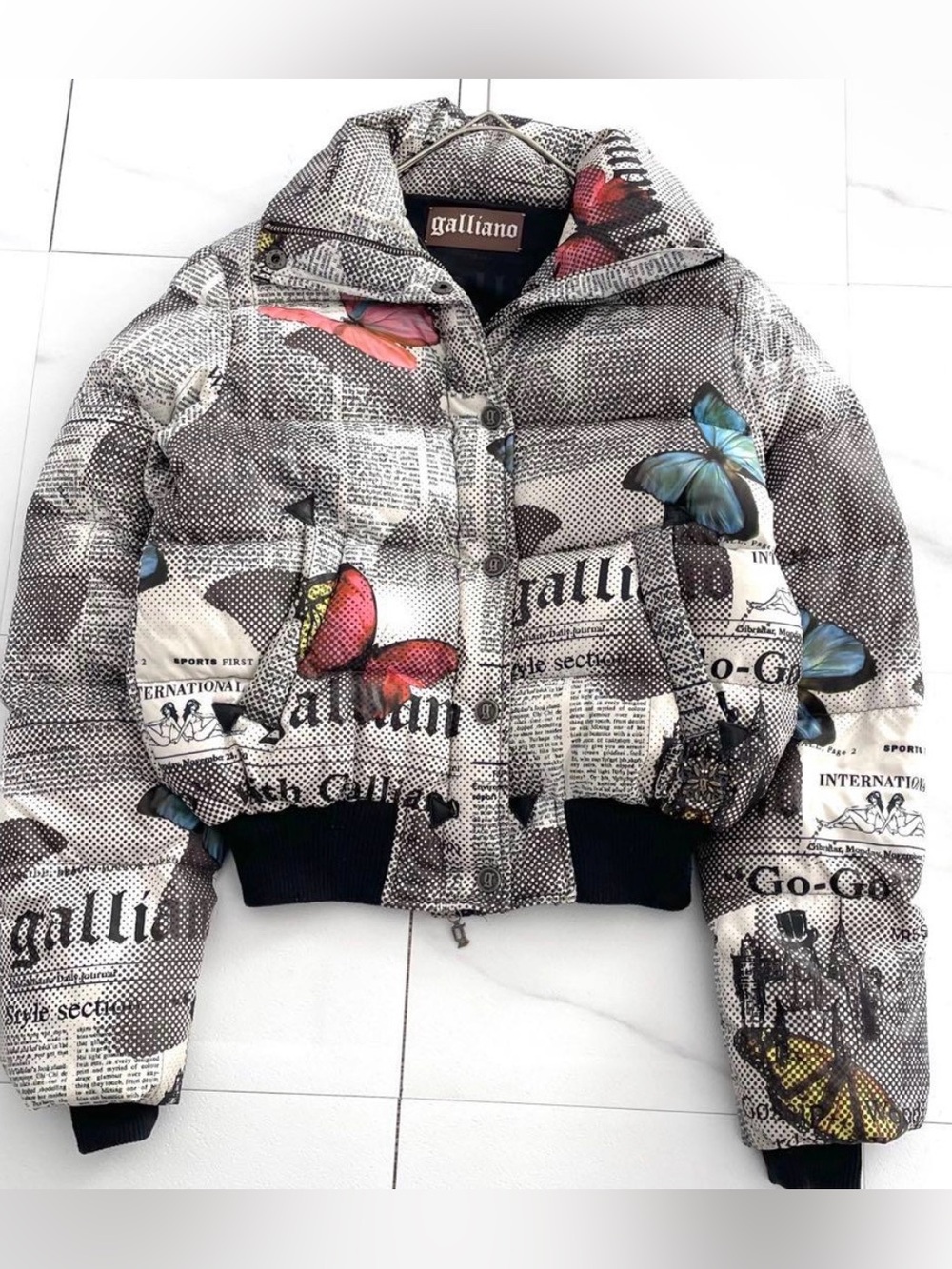 Rare Galliano Multicolor Newspaper Print Puffer Jacket with Butterfly Accents